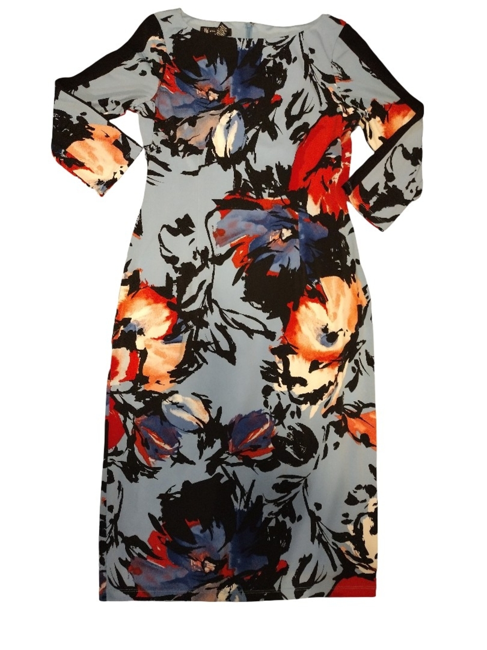 PFloral Print 3/4 Sleeve Midi Dress in Light Blue and Red